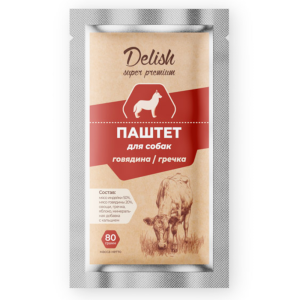 Delish Super Premium консервы для собак, паштет с говядиной и гречкой, 80 г