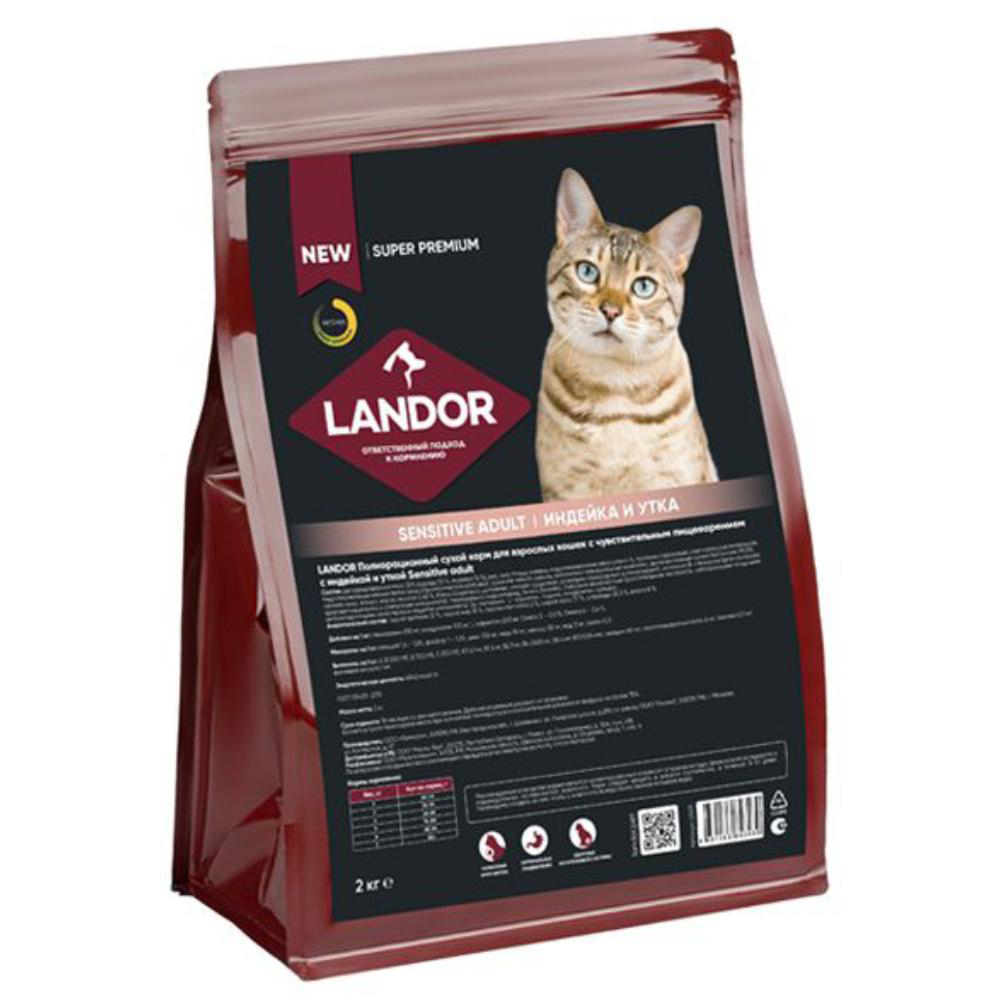 Landor сухой корм для кошек с чувствительным пищеварением, индейка с уткой, 2 кг<