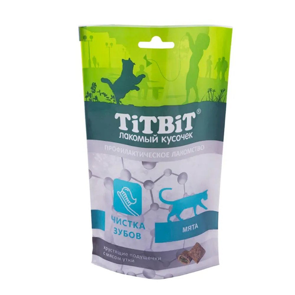 TitBit лакомство для кошек, Хрустящие подушечки с мясом утки, для чистки зубов, 60 г<