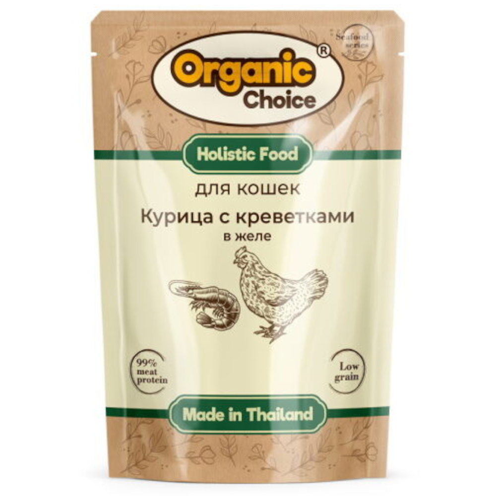 Organic Сhoice Low Grain консервы для кошек, курица с креветками в желе, 70 г<
