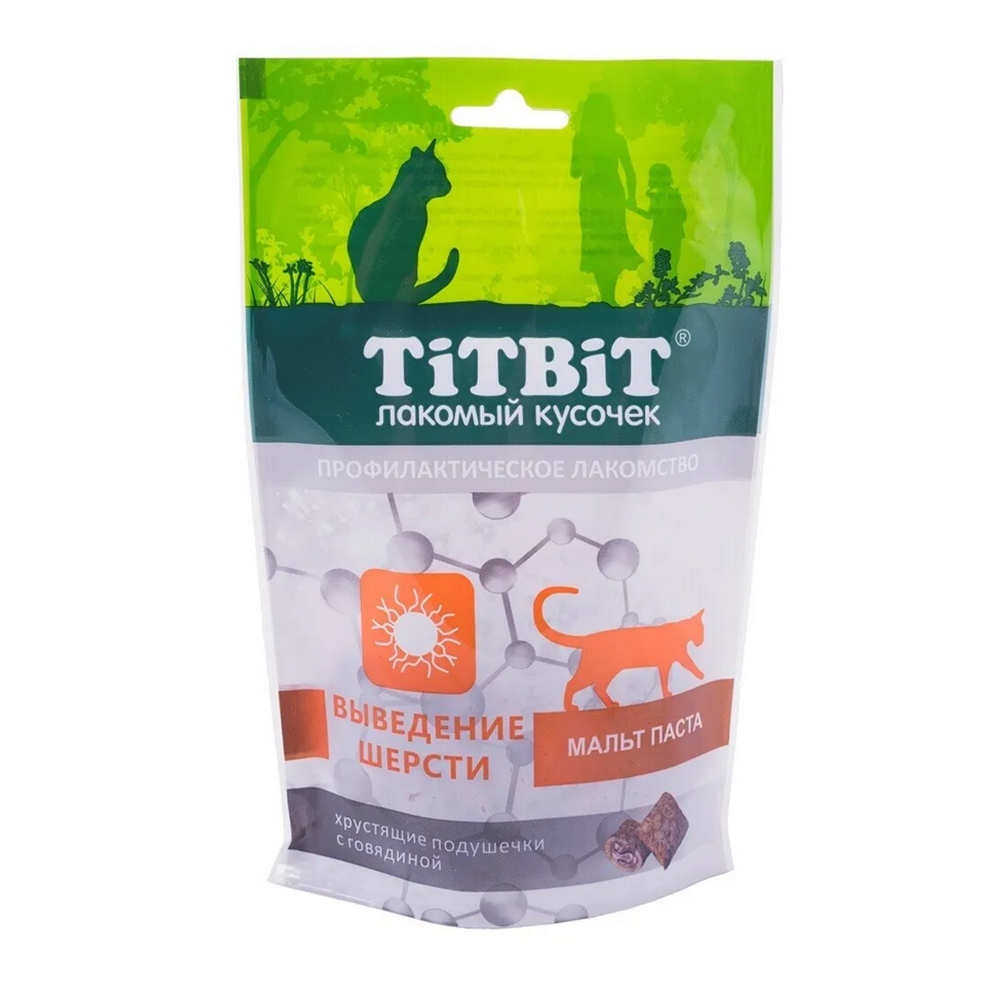 TitBit лакомство для кошек, Хрустящие подушечки с говядиной, для выведения шерсти из ЖКТ, 60 г<