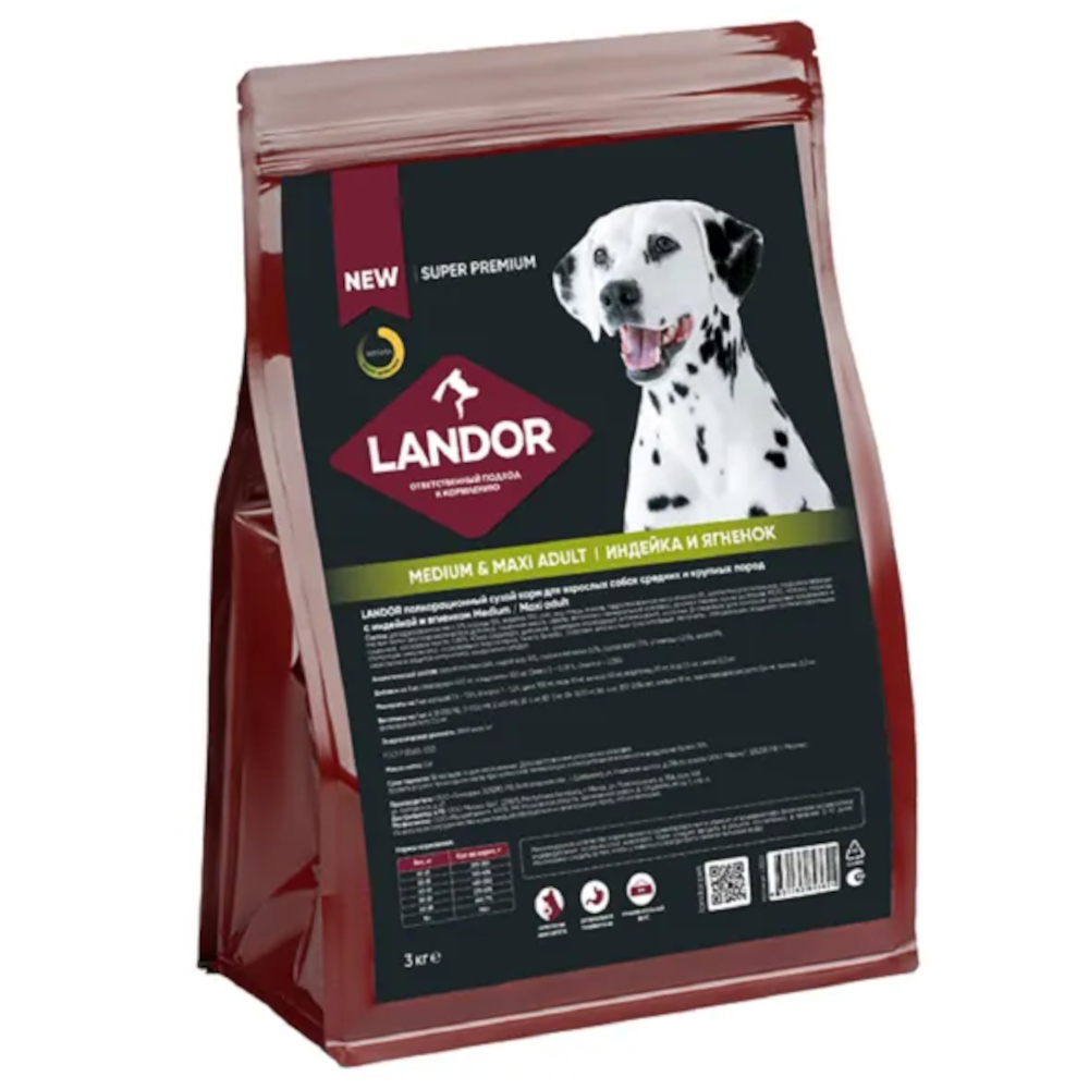 Landor сухой корм для собак cредних и крупных пород, c индейкой и ягненком, 3 кг<