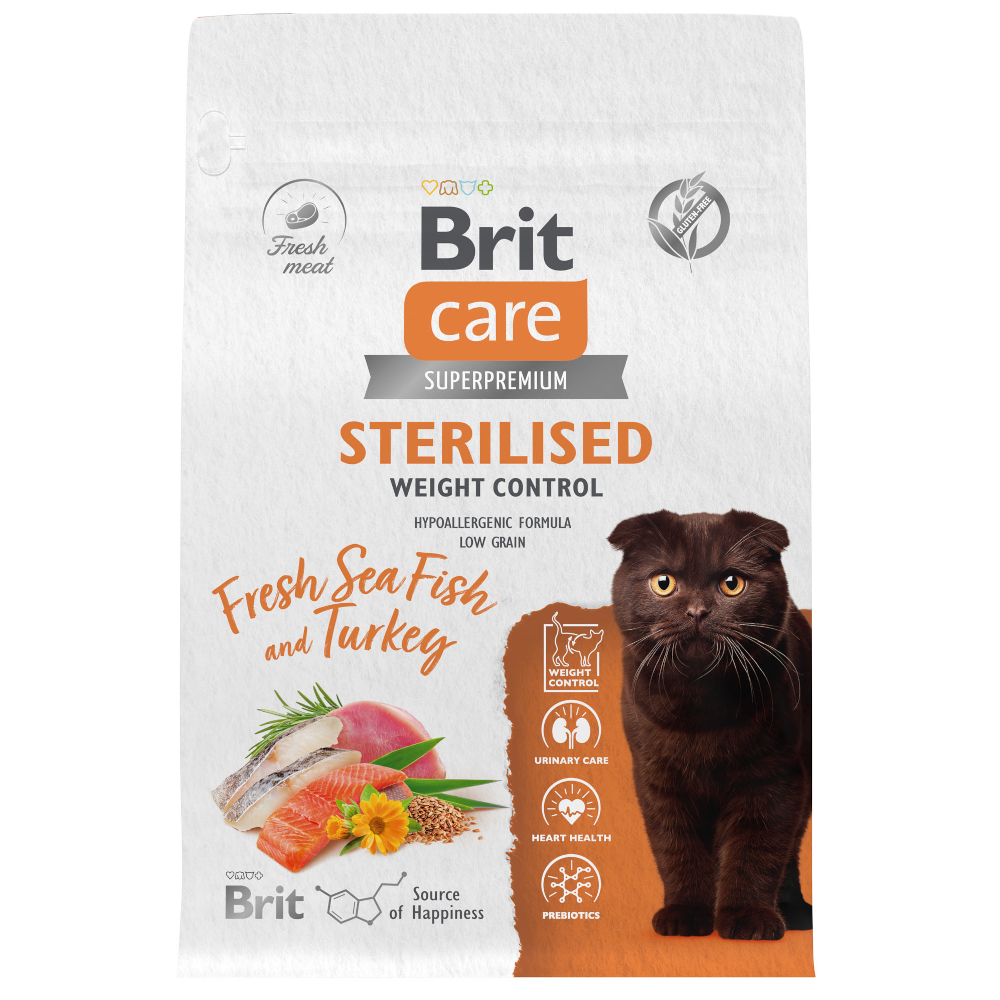 Brit Care сухой корм для стерилизованных кошек, Контроль веса, морская рыба с индейкой, 400 г<