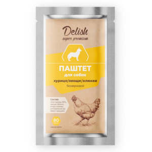 Delish Super Premium консервы для собак, паштет с курицей овощами и клюквой, 80 г