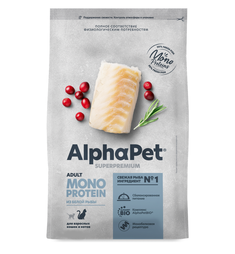 AlphaPet Monoprotein сухой корм для взрослых кошек, белая рыба, 400 г<