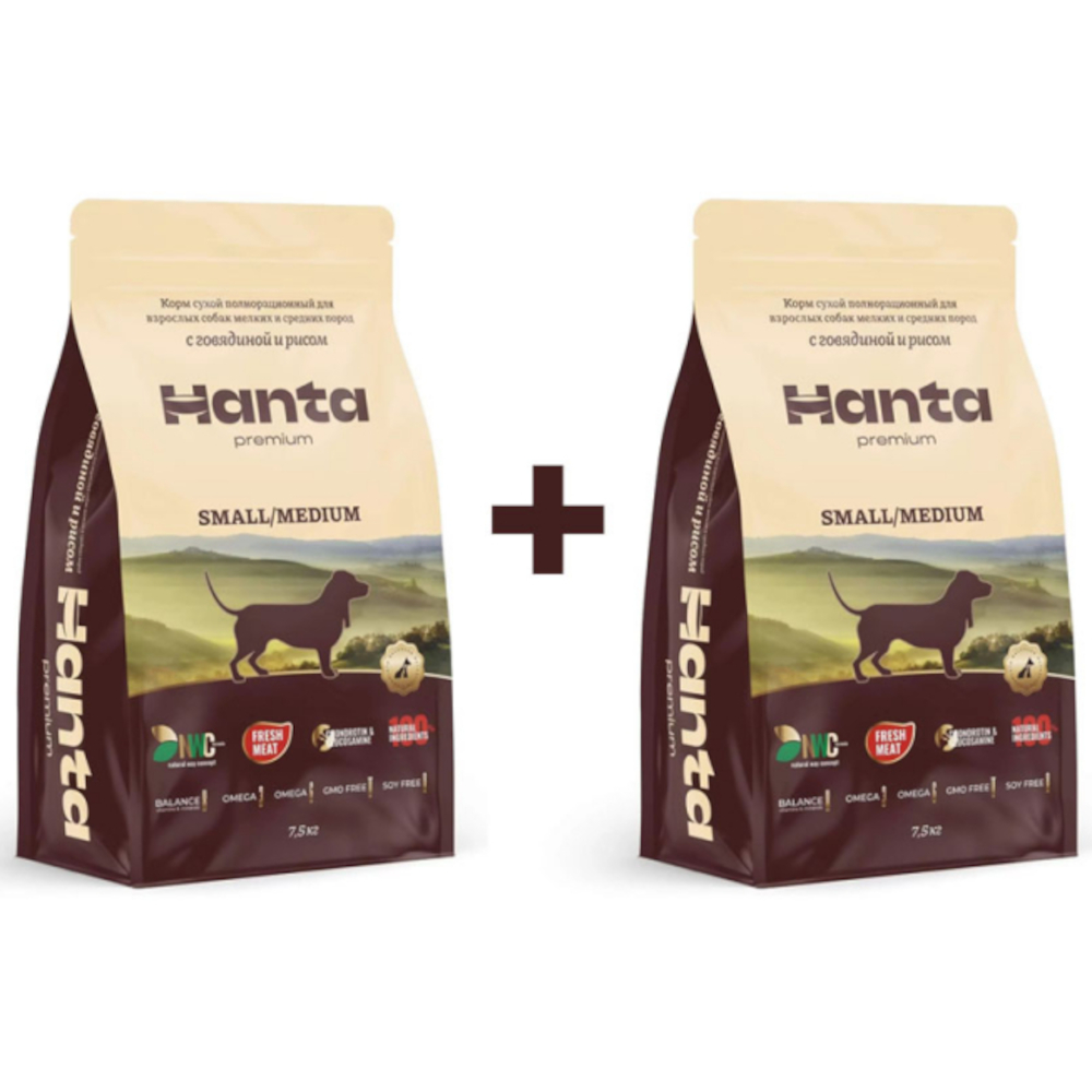 Hanta Premium сухой корм для собак мелких и средних пород, говядина с рисом, 3 кг х 2 шт<