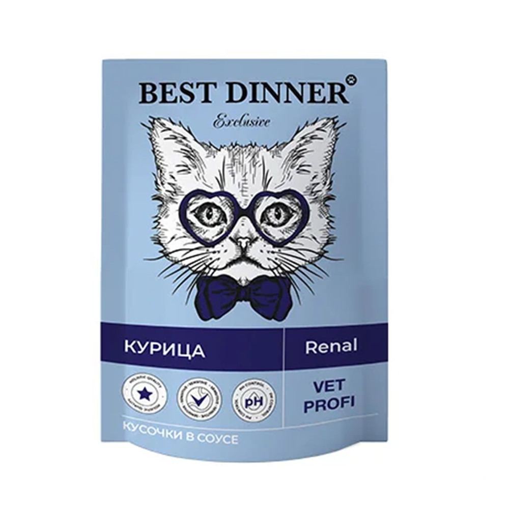 Best Dinner Vet Profi консервы для кошек для профилактики заболевания почек, Renal, кусочки в соусе с курицей, пауч, 85 г<
