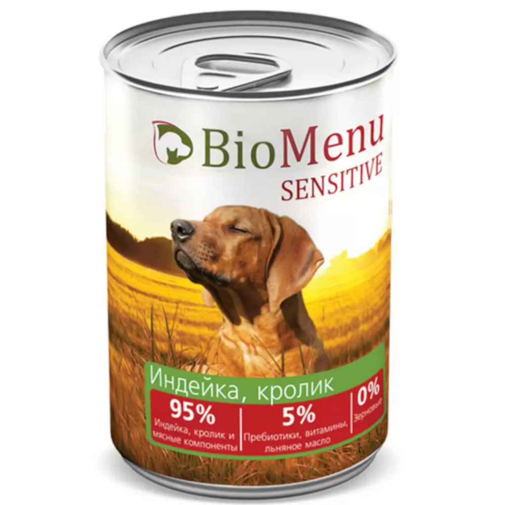 BioMenu гипоаллергенные консервы для собак всех пород, индейка с кроликом, Sensitive, 410 г<