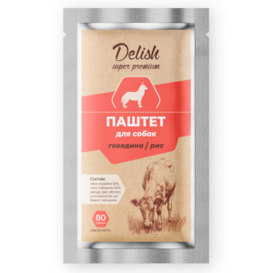 Delish Super Premium консервы для собак, паштет с говядиной и рисом, 80 г