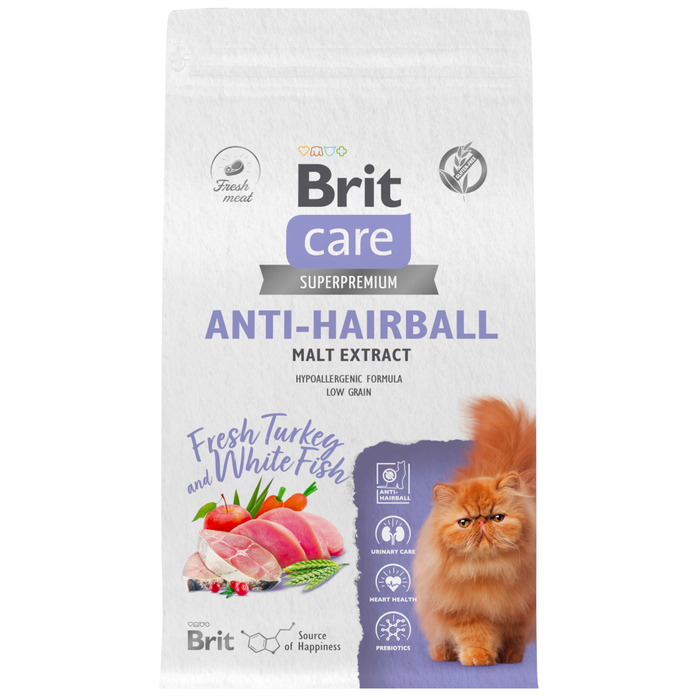 Brit Care сухой корм для кошек, Вывод шерсти, белая рыба с индейкой, 1,5 кг<
