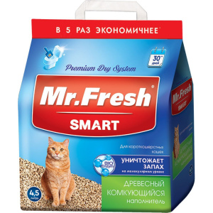 Наполнитель Mr. Fresh Smart для короткошерстных кошек, древесный, комкующийся, 4,5 л