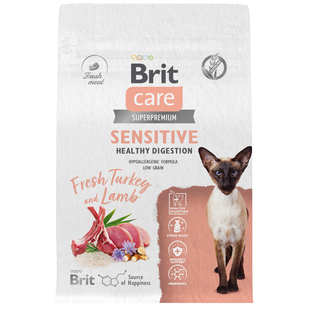 Brit Care сухой корм для кошек, Чувствительное пищеварение, индейка с ягненком, 1,5 кг<