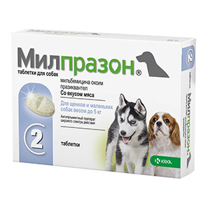 Милпразон 2,5 мг, таблетки антигельминтные со вкусом мяса для щенков и собак весом до 5 кг, 1 таблетка