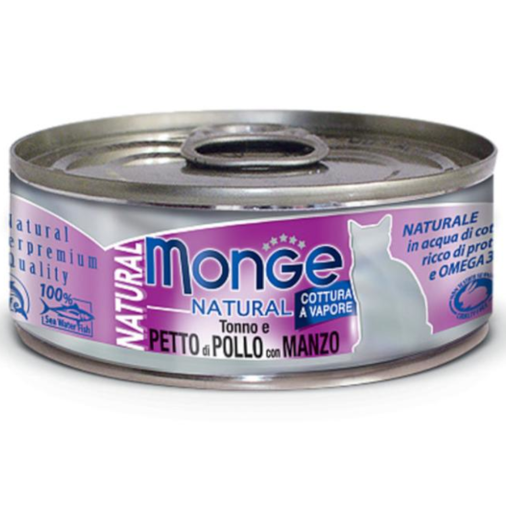 Monge Cat консервы для взрослых кошек, тунец с курицей и говядиной, Natural, 80 г<