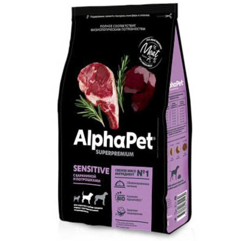 AlphaPet сухой корм для взрослых собак средних пород с чувствительным пищеварением, баранина с потрошками, 7 кг<
