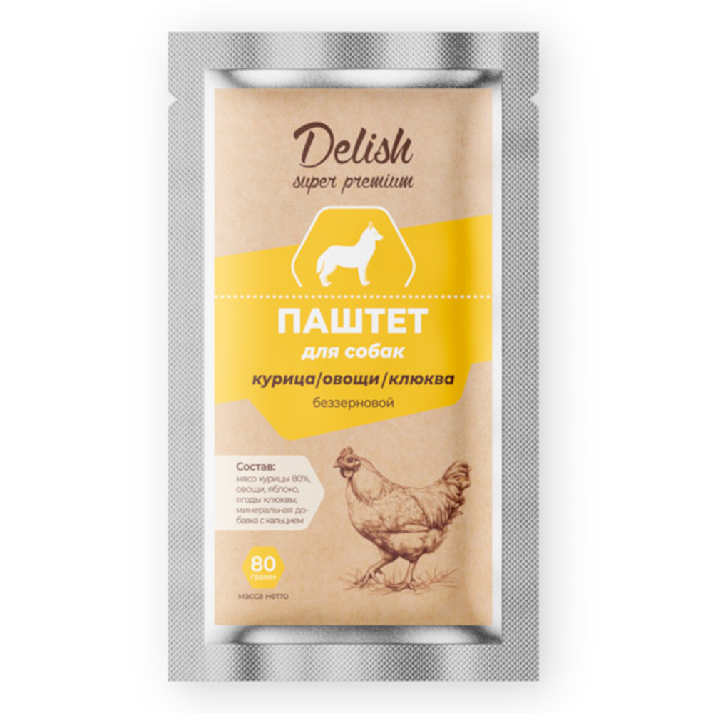 Delish Super Premium консервы для собак, паштет с курицей овощами и клюквой, 80 г<