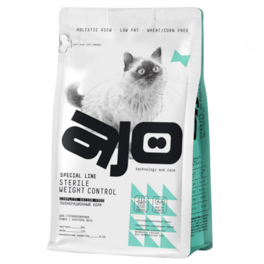 AJO сухой корм для стерилизованных кошек, контроль веса, курица со свининой и рисом, 400 г<