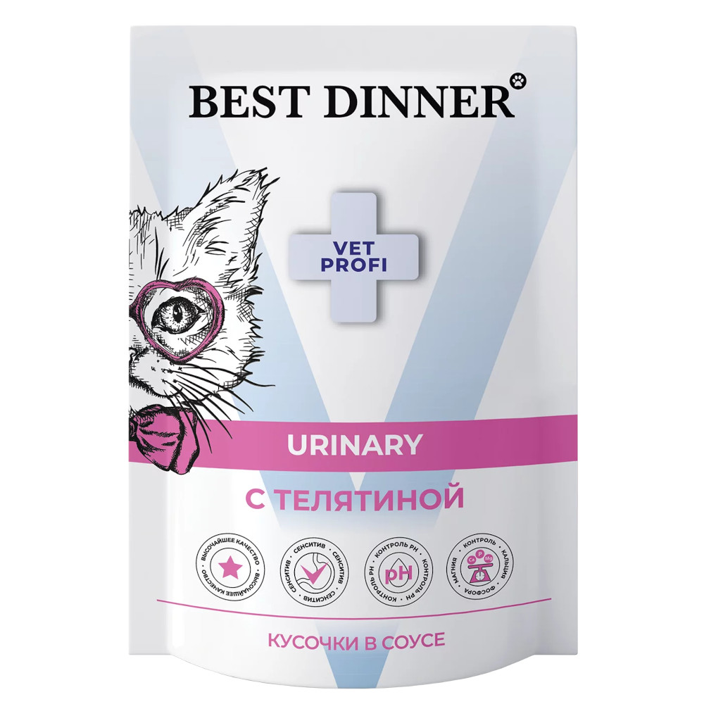 Best Dinner Vet Profi Urinary ветеринарная диета для кошек, кусочки в соусе с телятиной, 85 г<