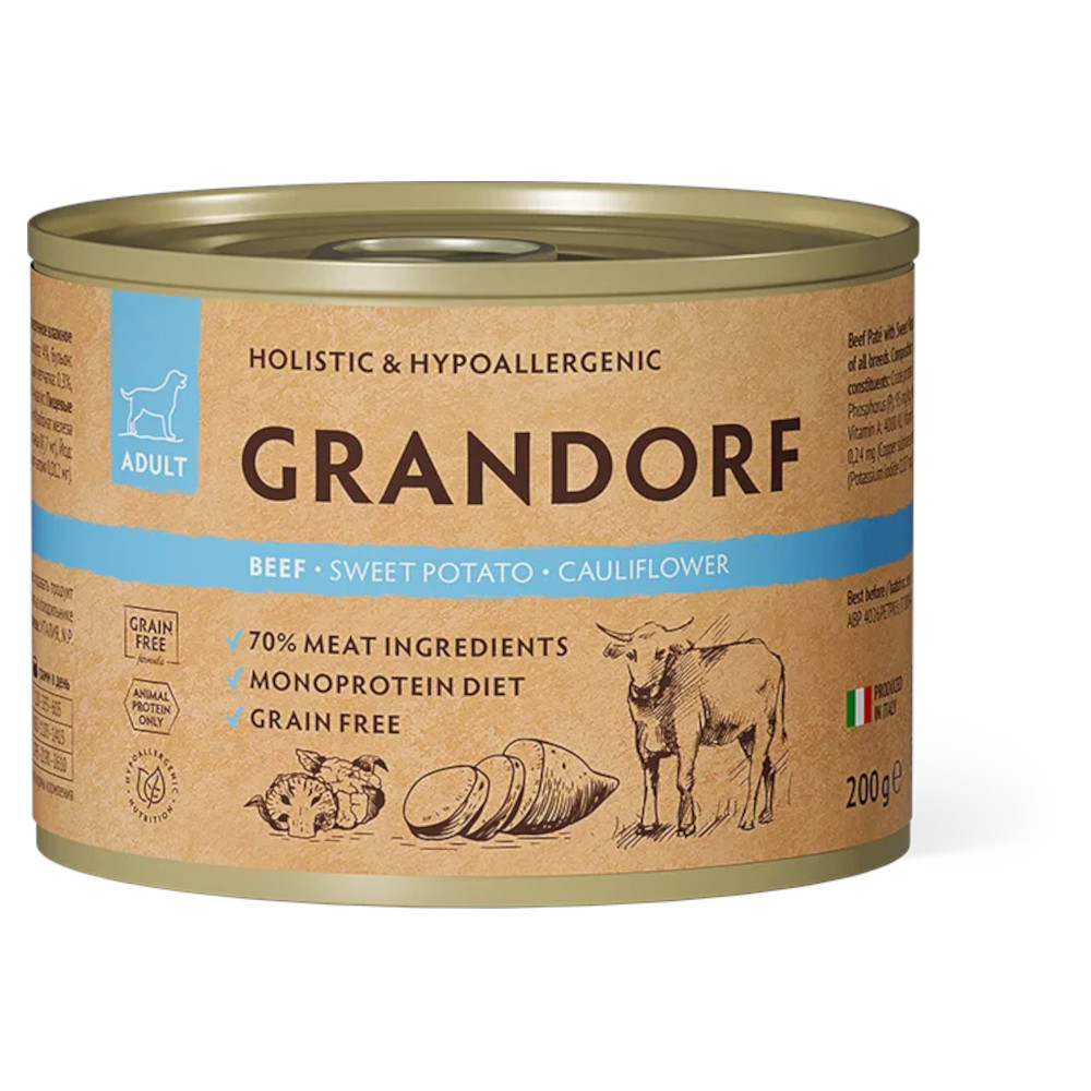 Grandorf консервы для собак, паштет из говядины с бататом и цветной капустой, 200 г<