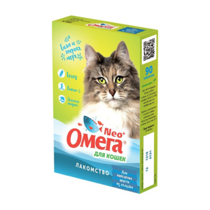 Омега Neo+ мультивитаминное лакомство с солодом для кошек, выведение шерсти из ЖКТ, 90 таблеток