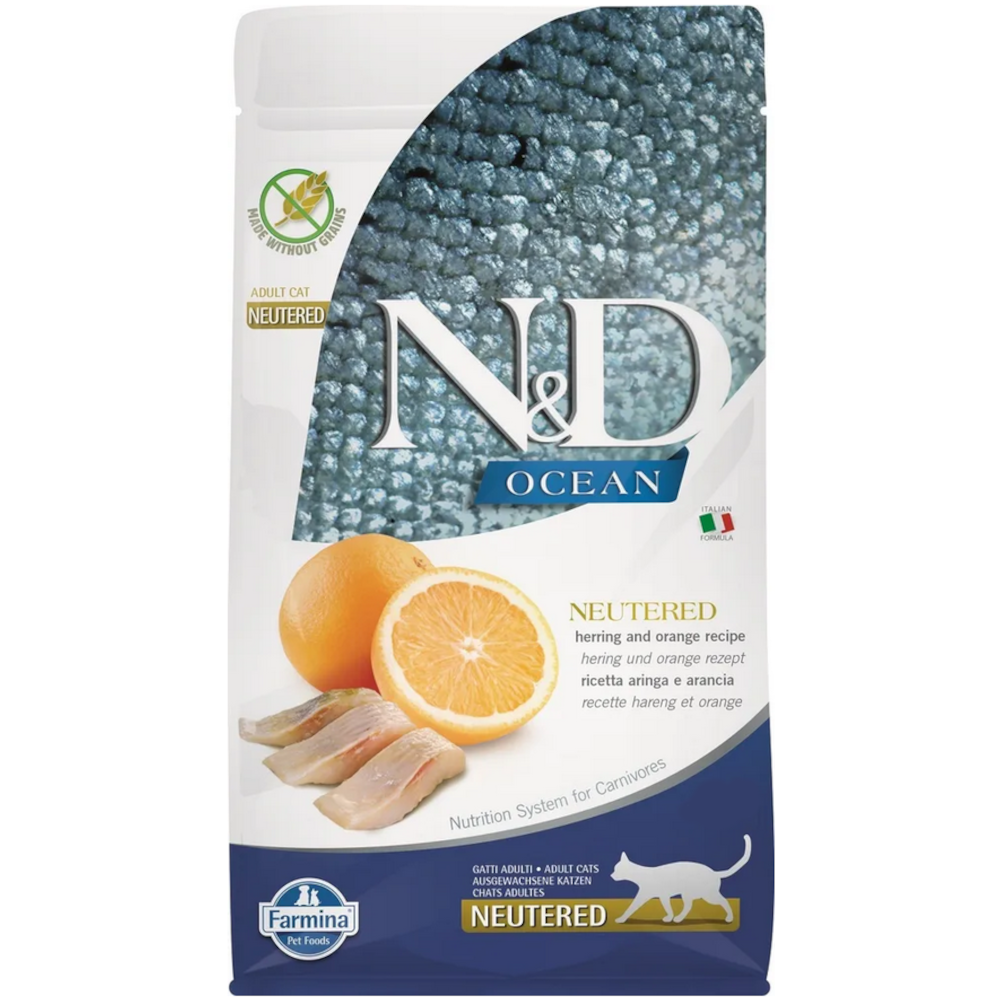 Farmina N&D Ocean сухой корм для стерилизованных кошек, сельдь с апельcином, Adult Neutered, Herring & Orange, 1,5 кг<