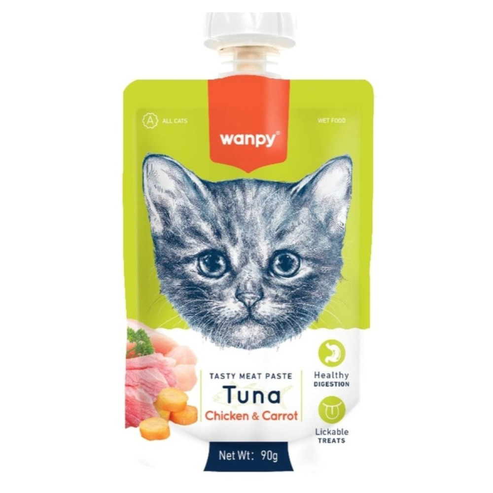 Wanpy Cat Лакомство для кошек Мясной мусс из тунца и курицы с морковью, 90 г<