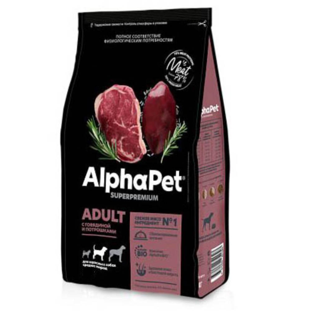 AlphaPet сухой корм для взрослых собак средних пород, говядина с потрошками, 7 кг<