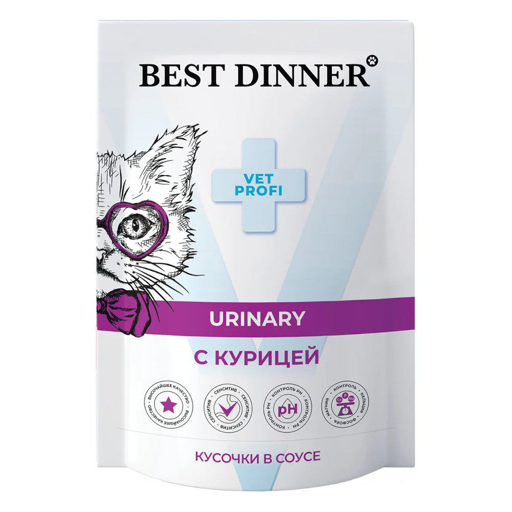 Best Dinner Vet Profi консервы для кошек для профилактики МКБ, Urinary, кусочки в соусе с курицей, пауч, 85 г<