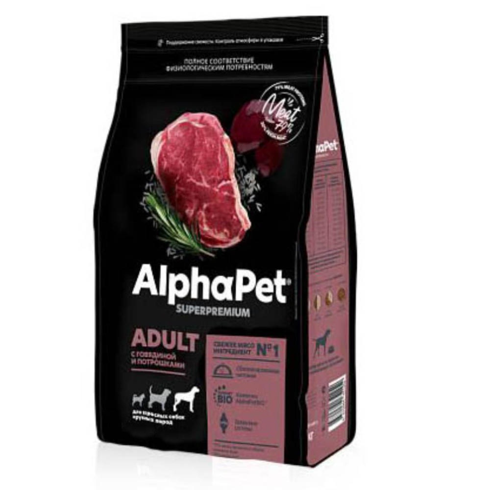 AlphaPet сухой корм для взрослых собак крупных пород, говядина с потрошками, 12 кг<
