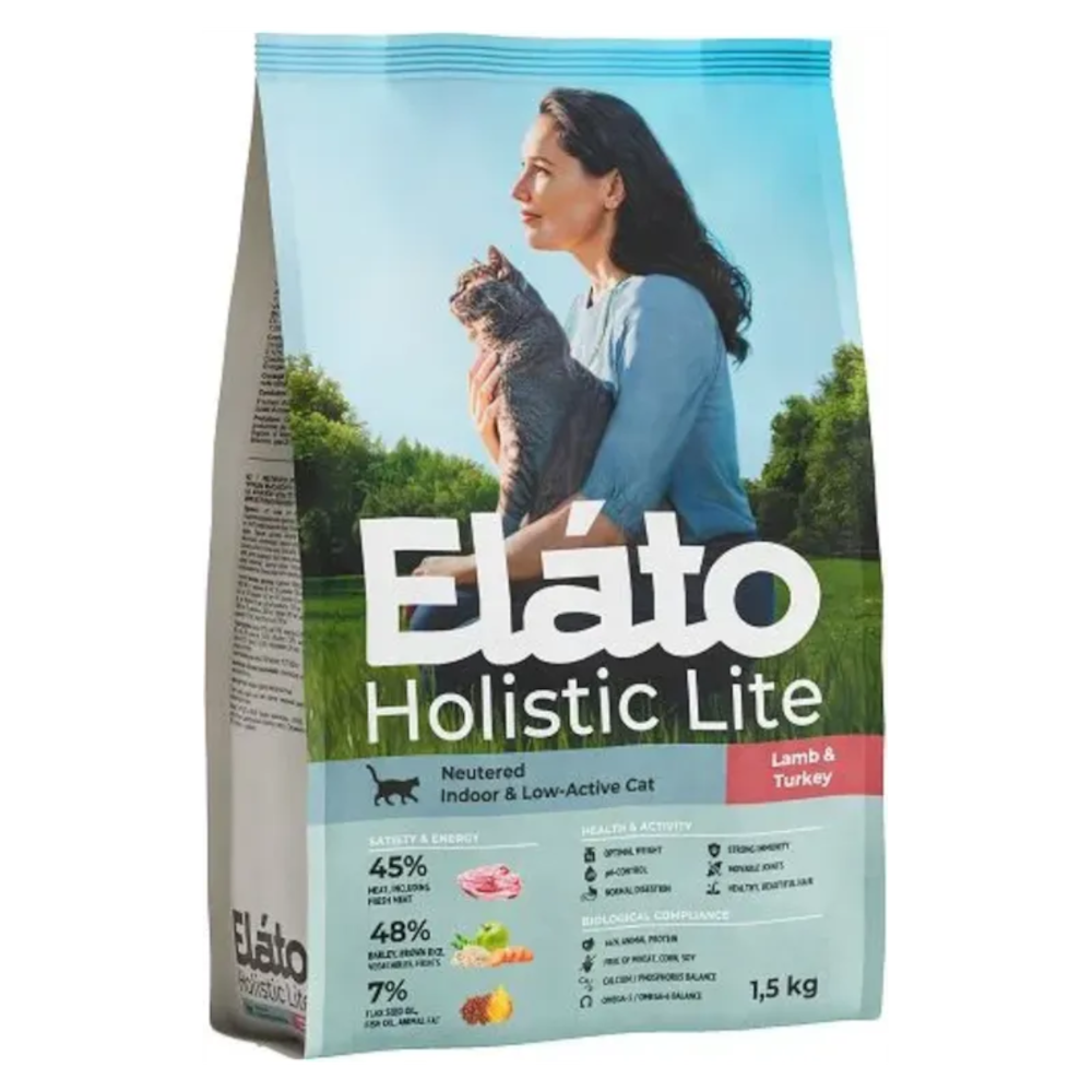 Сухой корм Elato (Элато) Holistic Lite для кастрированных и стерилизованных кошек, ягненок с индейкой, 1,5 кг<