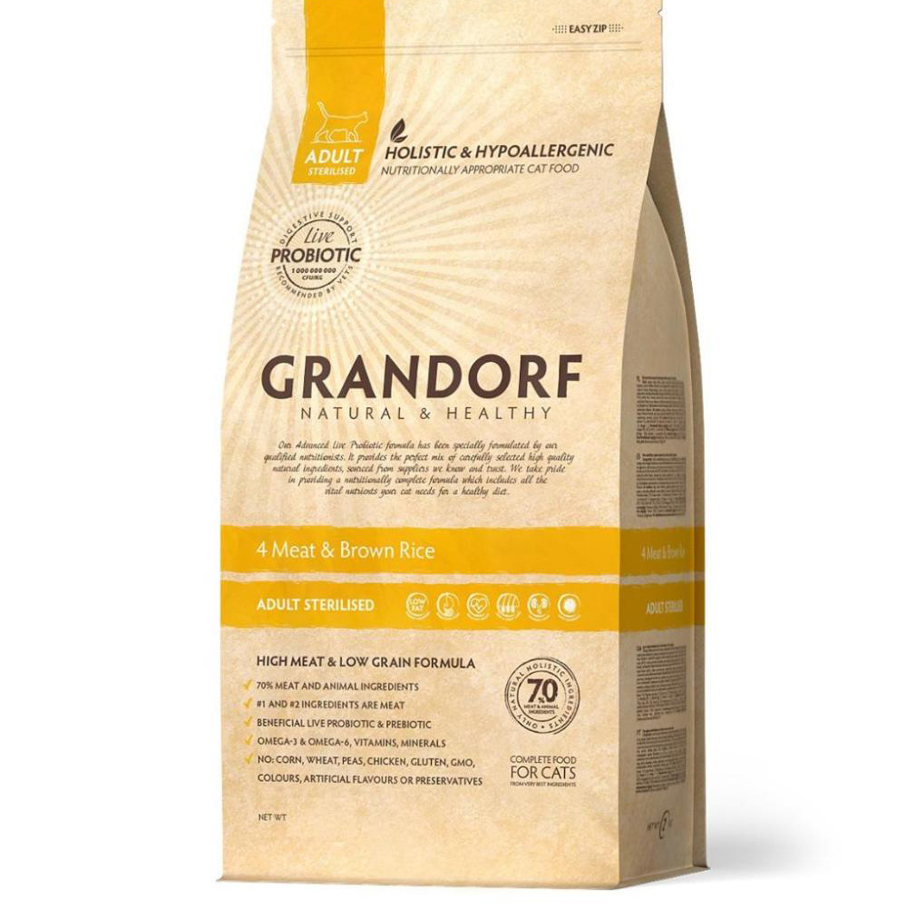 Grandorf сухой корм для взрослых стерилизованных кошек, четыре вида мяса, Probiotics, 2 кг<