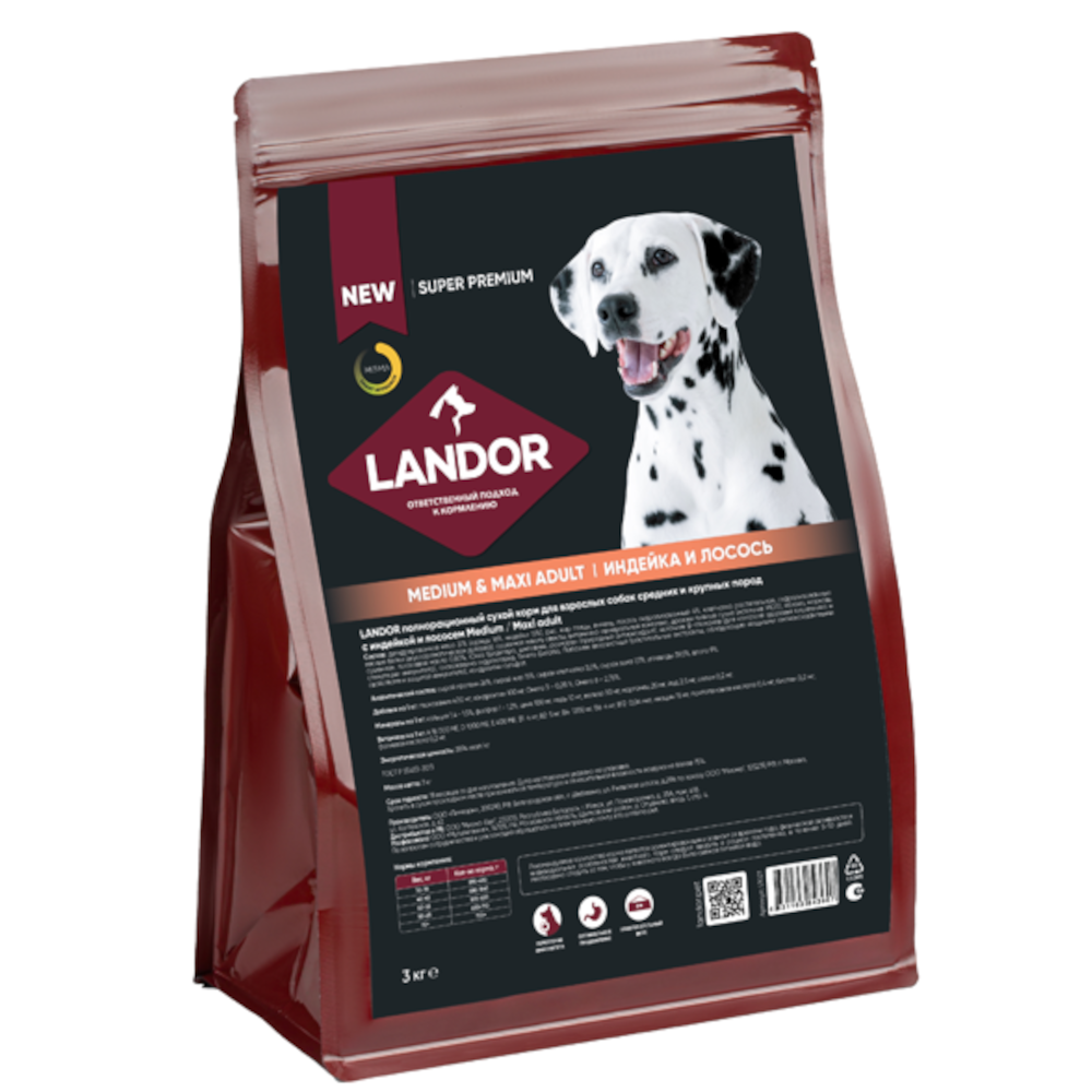 Landor сухой корм для собак средних и крупных  пород, c индейкой и лососем, 3 кг<