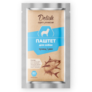 Delish Super Premium консервы для собак, паштет с тунцом и рисом, 80 г