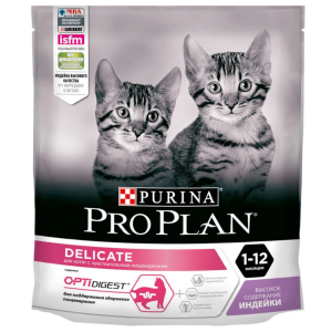 Pro Plan сухой корм для котят с чувствительным пищеварением, индейка, Delicate, 400 г