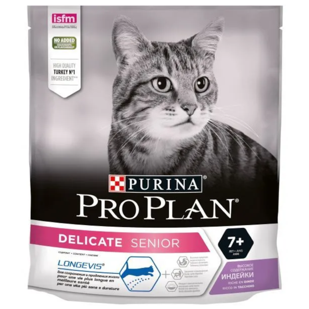 Pro Plan сухой корм для взрослых кошек с чувствительным пищеварением старше 7 лет, индейка, Delicate, 400 г<