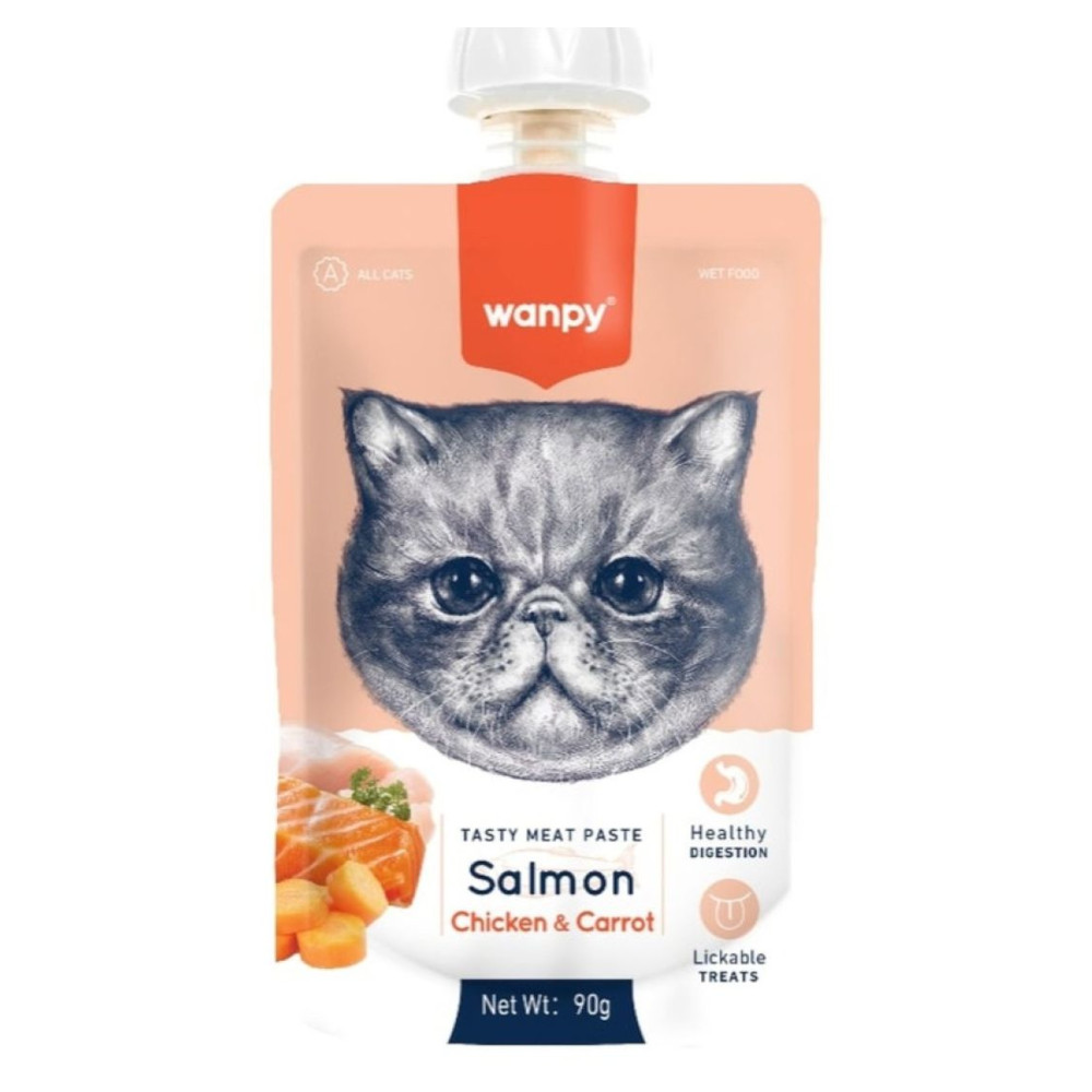 Wanpy Cat Лакомство для кошек Мясной мусс из лосося и курицы с морковью, 90 г<
