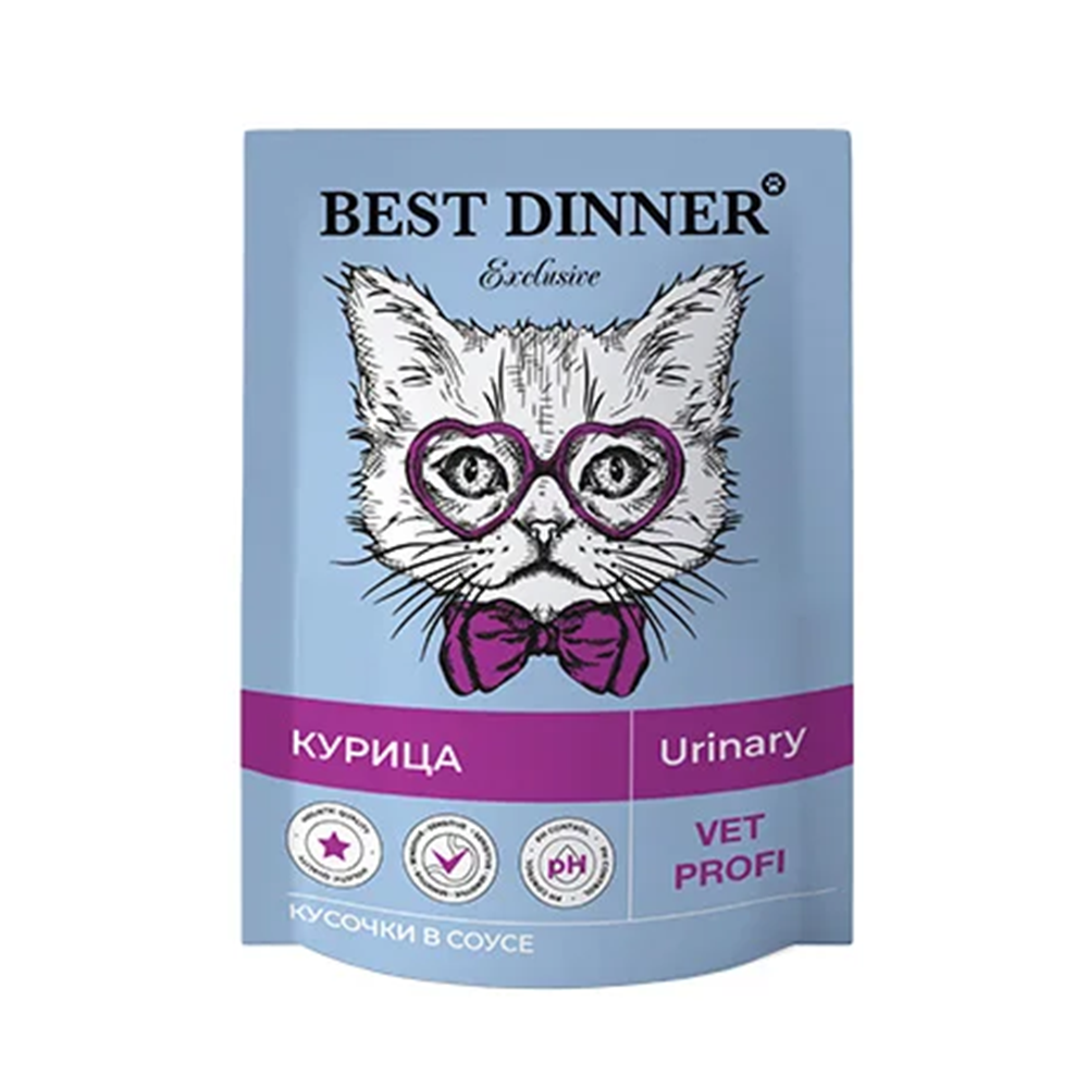 Best Dinner Vet Profi консервы для кошек для профилактики МКБ, Urinary, кусочки в соусе с курицей, пауч, 85 г<