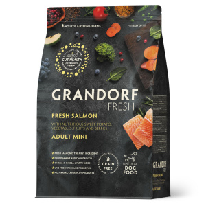 Grandorf Fresh Беззерновой сухой корм с живыми пробиотиками для собак мини пород, свежее филе лосося с бататом, 1 кг