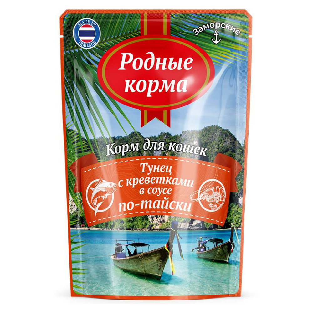 Родные Корма Заморские консервы для кошек, с креветками в соусе по-тайски, 70 г<