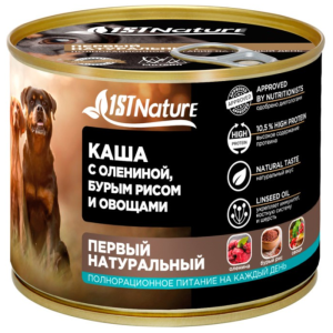 1STNature консервы для собак, каша с олениной бурым рисом и овощами, 525 г