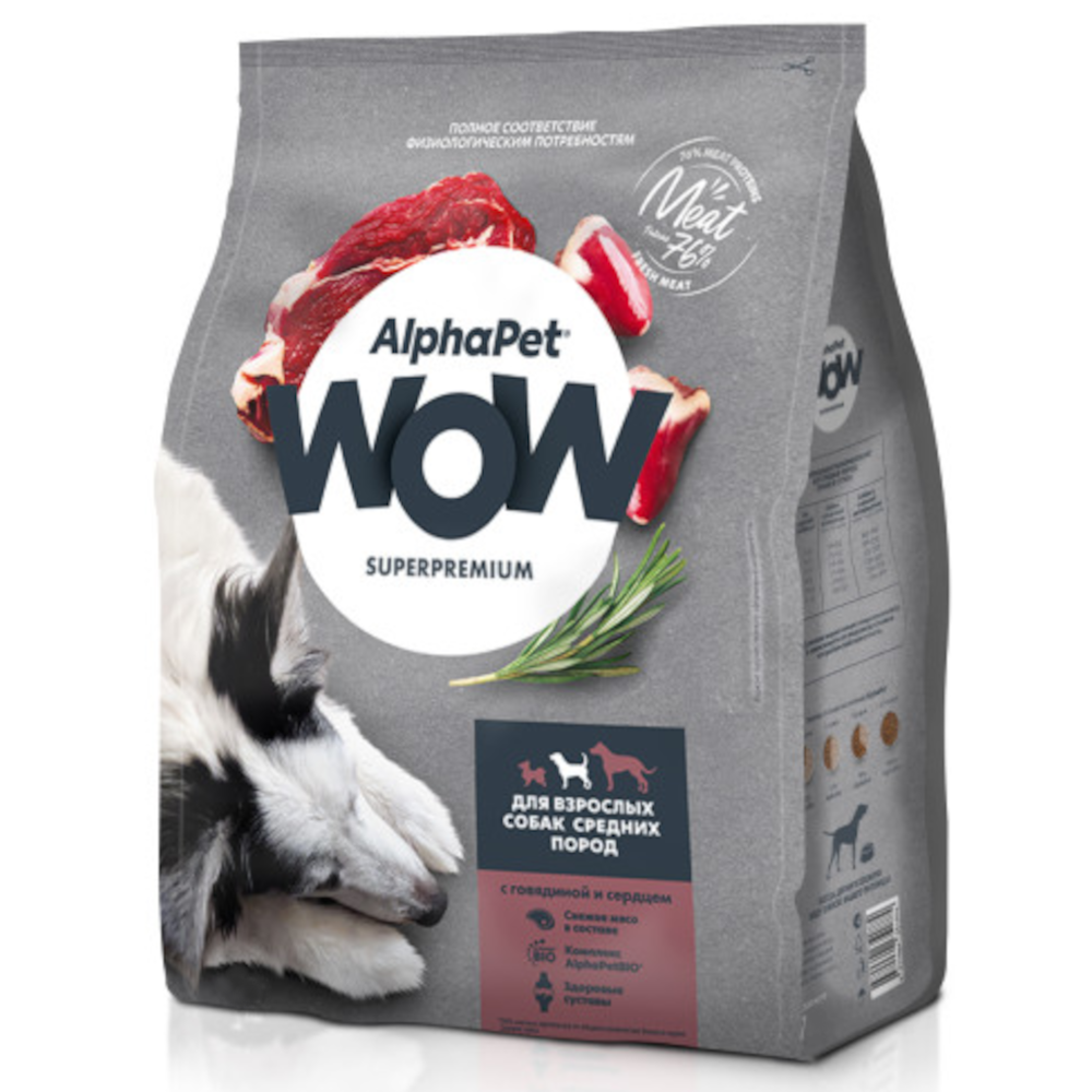 AlphaPet WOW сухой корм для собак средних пород, говядина с сердцем, 2 кг<
