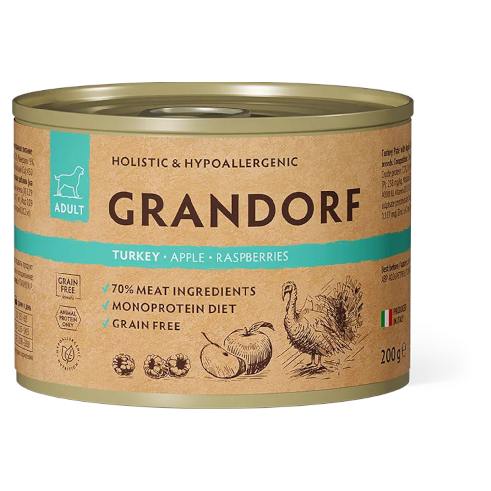 Grandorf консервы для собак, паштет из индейки с яблоком и малиной, 200 г<