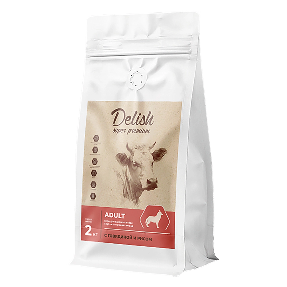 Сухой корм Delish Super Premium для собак средних и крупных пород, говядина с рисом, 2 кг<