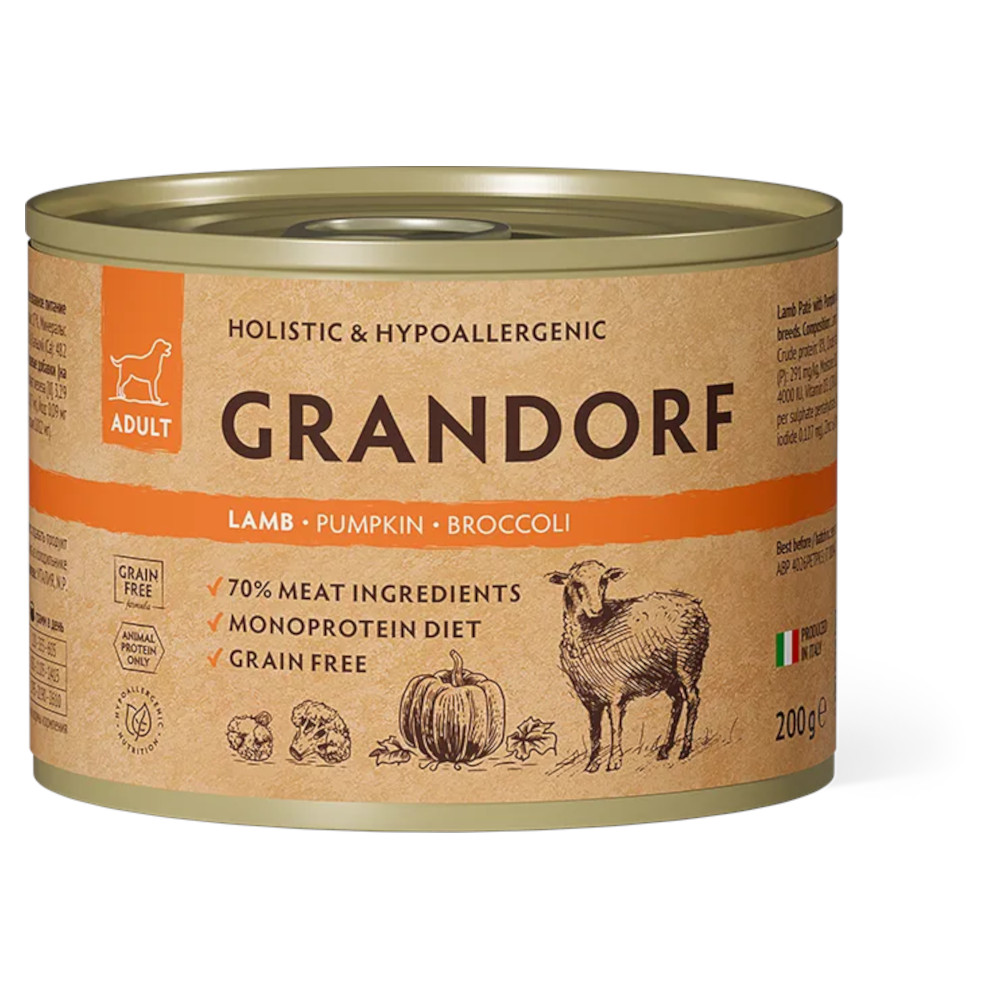Grandorf консервы для собак, паштет из ягненка с тыквой и брокколи, 200 г<