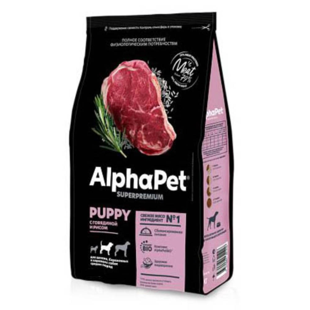 AlphaPet сухой корм для щенков средних пород, говядина с рисом, 900 г<