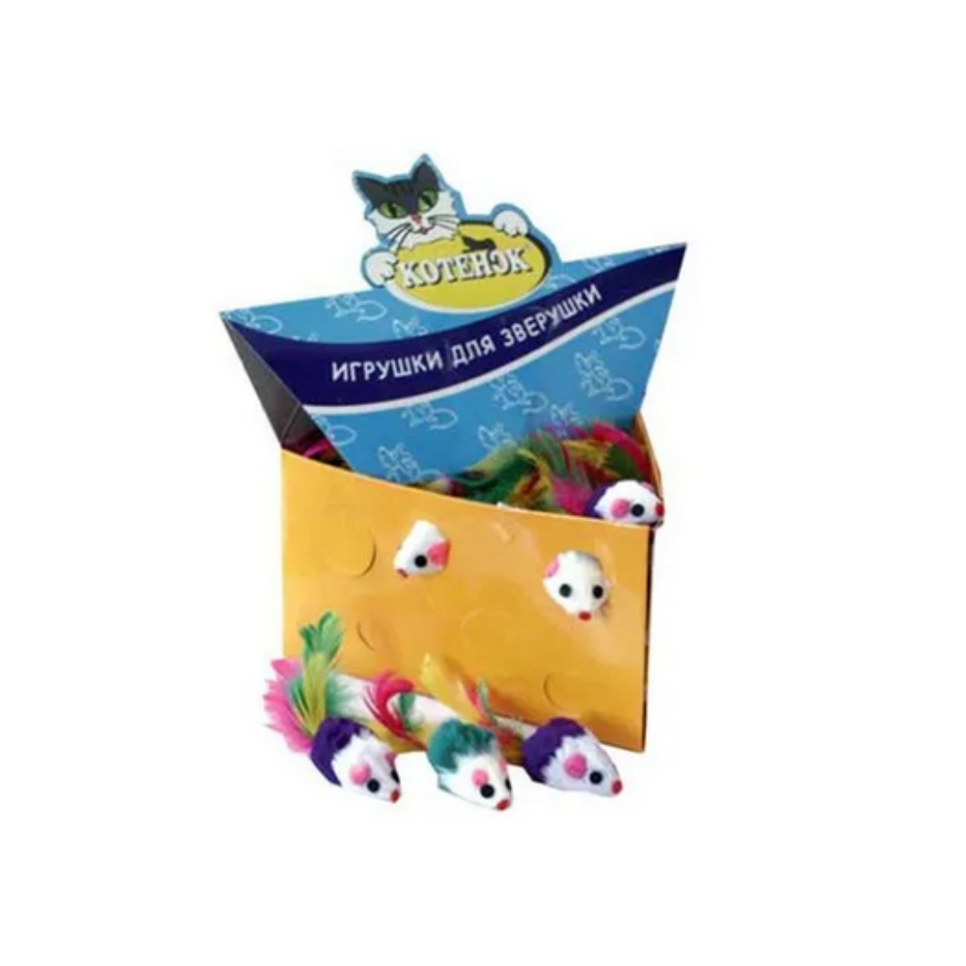 Котенок игрушка для кошек "Мышь цветная с пером"<