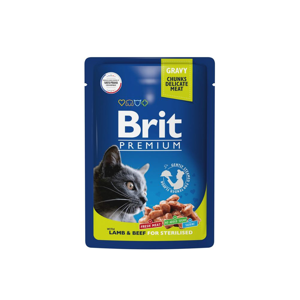 Brit Premium консервы для взрослых стерилизованных кошек, ягненок с говядиной в соусе, 85 г<