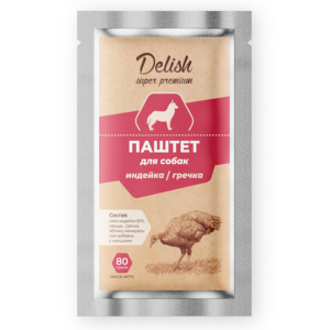 Delish Super Premium консервы для собак, паштет с индейкой и гречкой, 80 г
