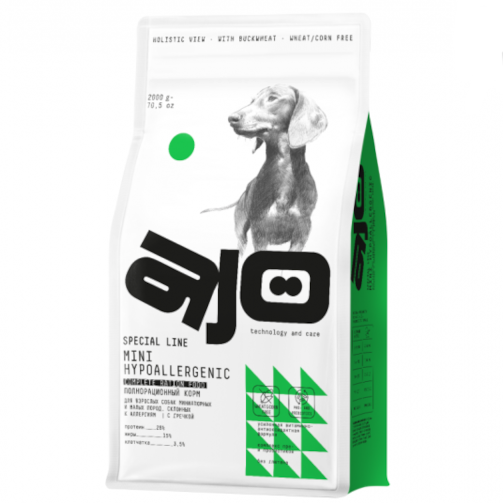 AJO сухой корм для собак мини пород склонных к аллергии, индейка со свининой и гречкой, 2 кг<