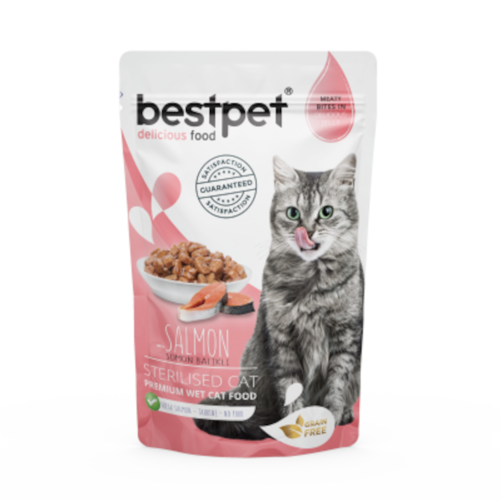 BestPet консервы для стерилизованных кошек, пауч, лосось в желе, 85 г<